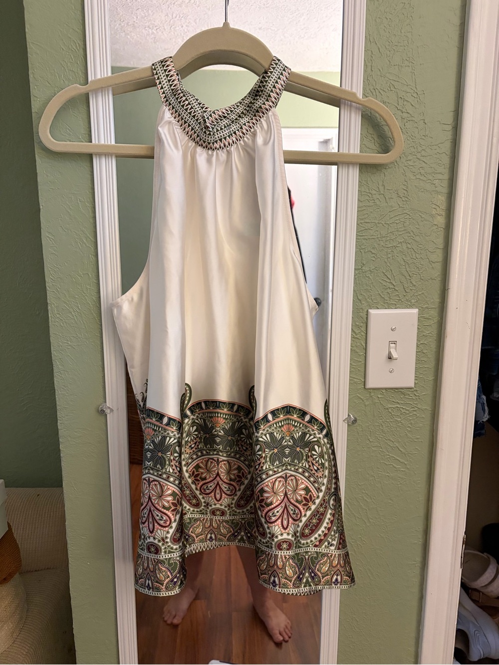 Liverpool Cream Halter Tank with Green and Pink Paisley Border